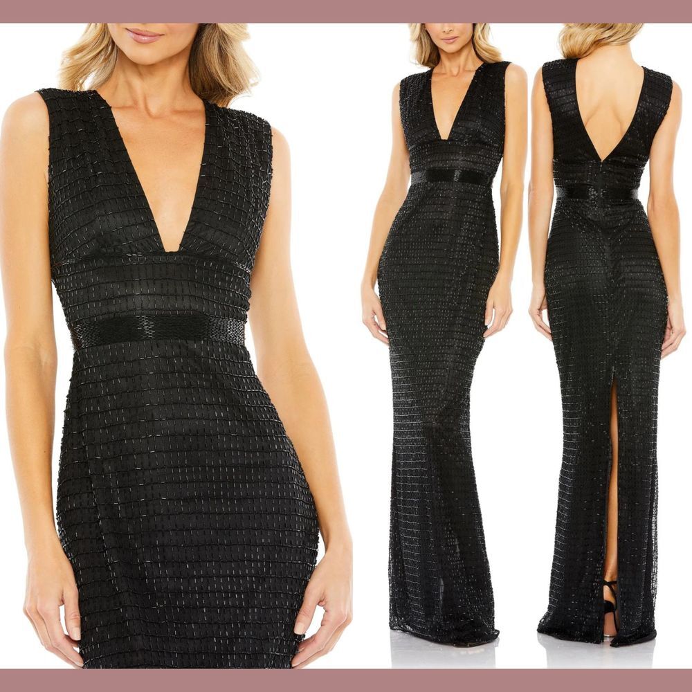 NWT $598 Mac Duggal [ 8 ] 5625‎ Beaded Cap Sleeve V Neck Column Gown Black Q815